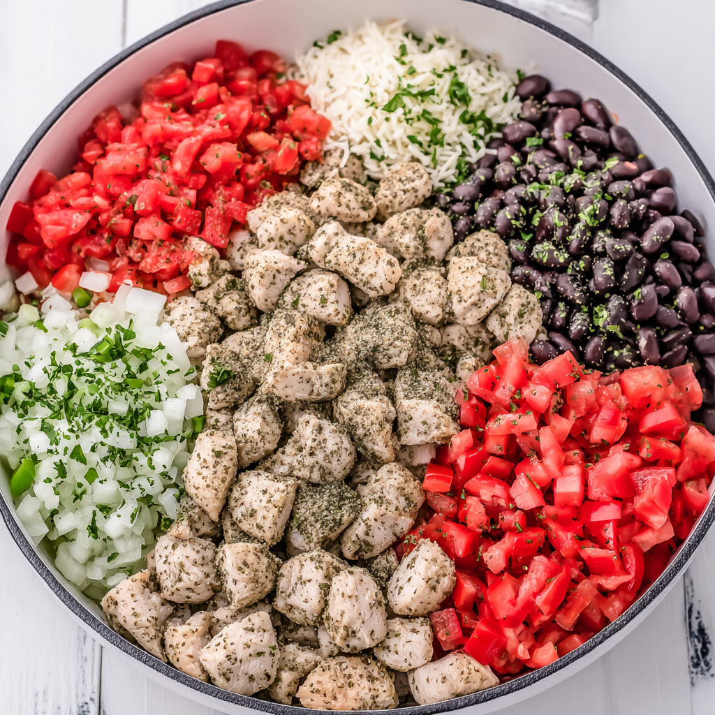 Quick & Easy homemade butter chicken 2 Flat lay of fresh ingredients for quick and easy homemade butter chicken – chicken, spices, tomato, cream, onion, garlic, and cilantro.