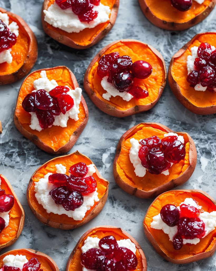 Thanksgiving Appetizers & Finger Foods | Easy Holiday Party Ideas 3 Roasted sweet potato rounds topped with creamy goat cheese and cranberry compote on a clean marble surface.