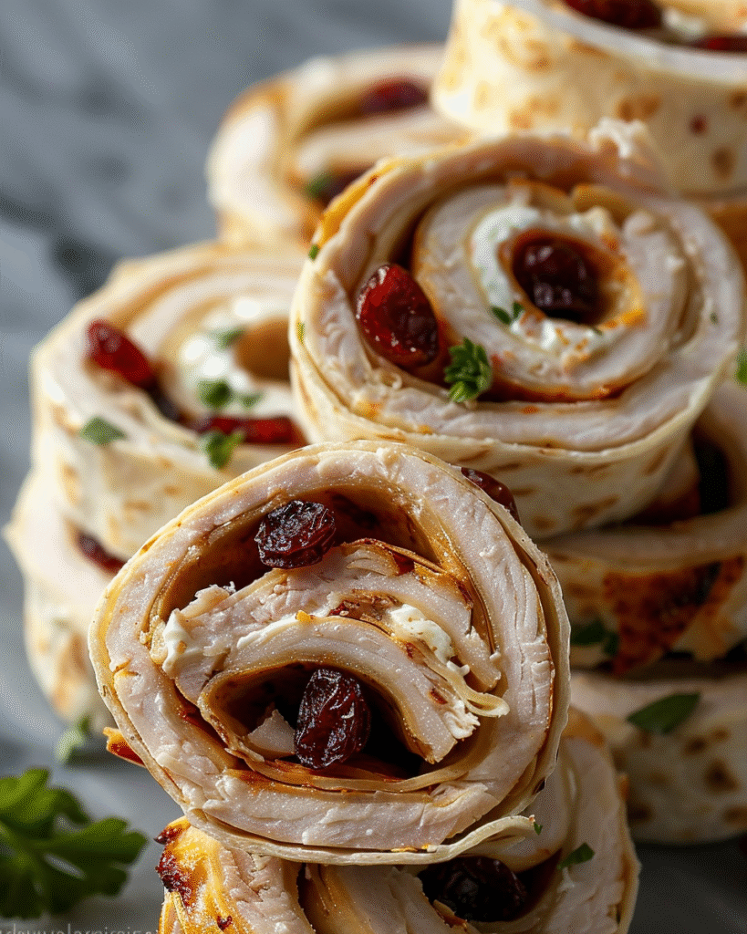 Thanksgiving Appetizers & Finger Foods | Easy Holiday Party Ideas 4 Turkey cranberry pinwheels on a white cutting board, sliced bite-sized rolls showing turkey, cream cheese and cranberries.