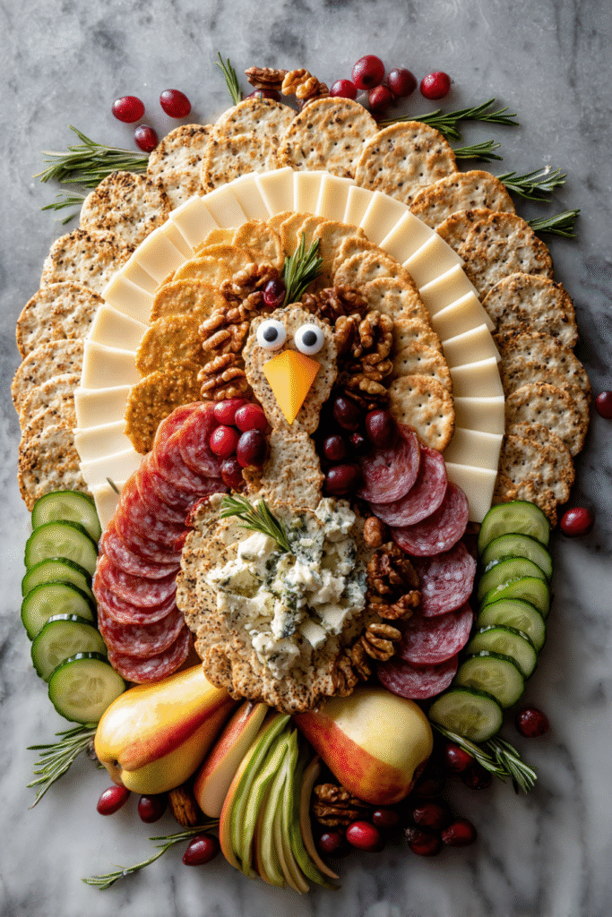 14 Make-Ahead Thanksgiving Appetizers to Save You Time 2 Thanksgiving appetizer platter shaped like a turkey with cheeses, crackers, salami, and vegetables on a round tray