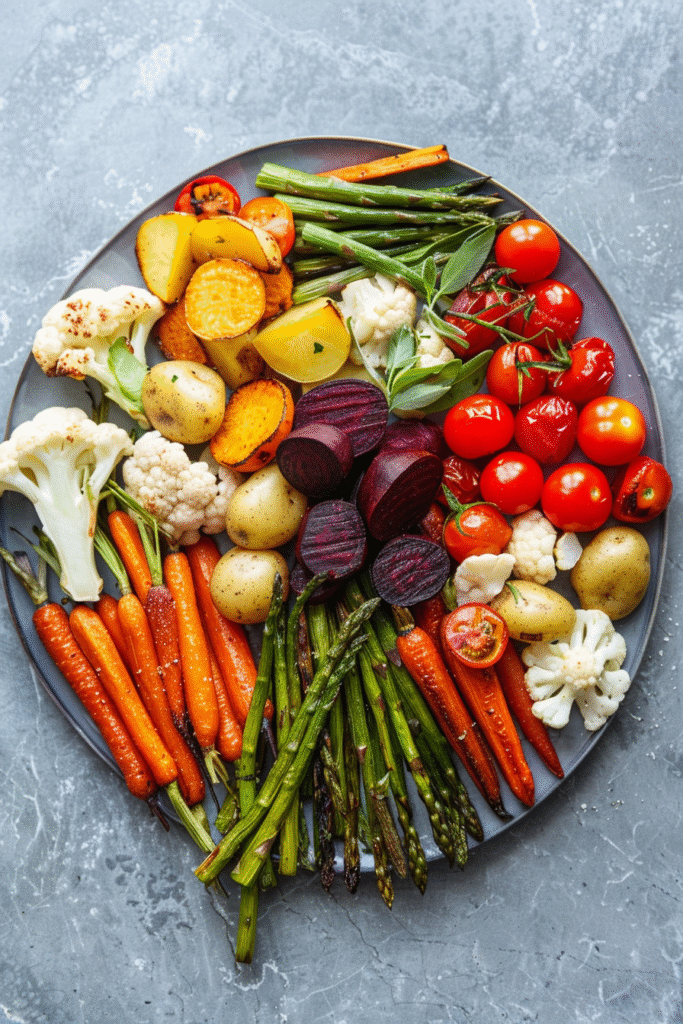 14 Make-Ahead Thanksgiving Appetizers to Save You Time 5 Roasted veggie crudité platter with carrots, beets, potatoes, cauliflower and cherry tomatoes on a serving tray