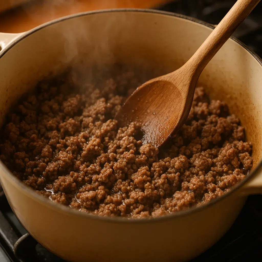 Hamburger Potato Soup"10-Minute Comfort Dinner" 5 Ground beef browning in a large pot for hamburger potato soup recipe
