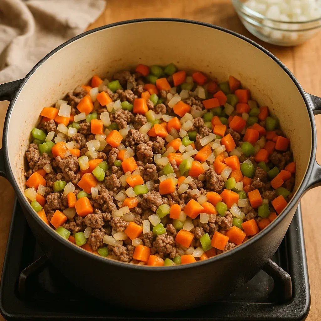 Hamburger Potato Soup"10-Minute Comfort Dinner" 6 Onions, carrots, celery, and garlic sautéing with ground beef for hamburger potato soup