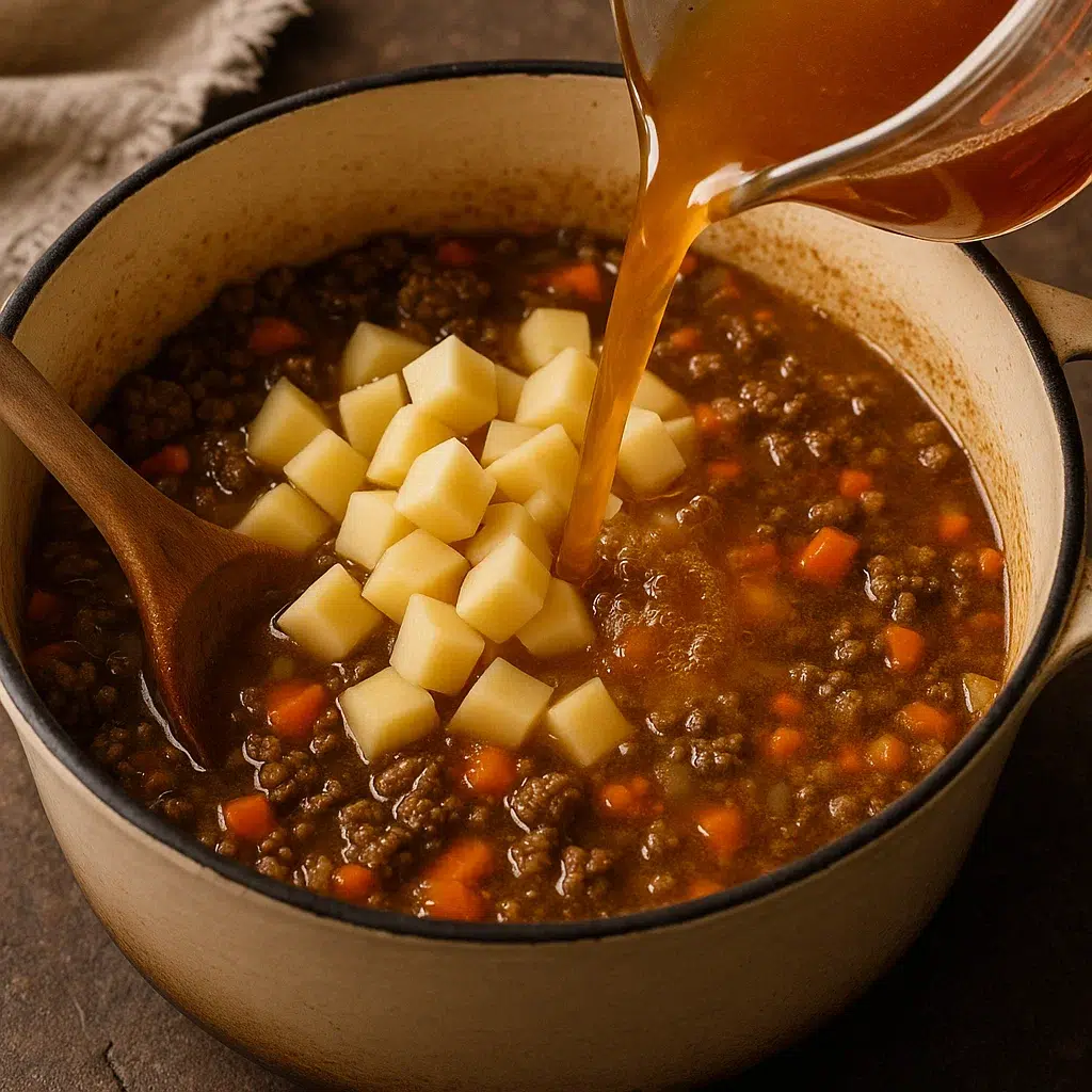Hamburger Potato Soup"10-Minute Comfort Dinner" 7 Diced potatoes and beef broth added to ground beef mixture in soup pot
