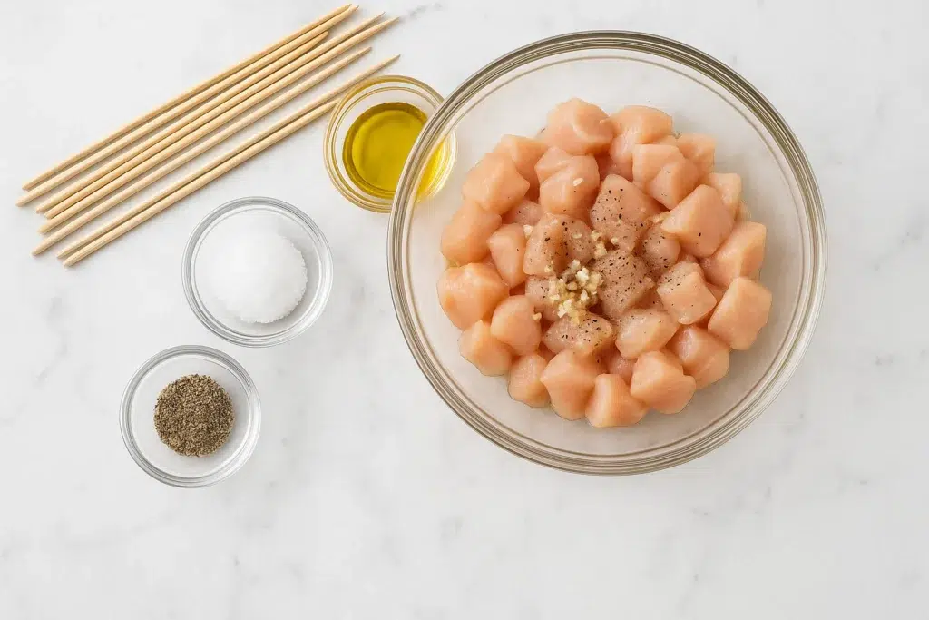 Irresistible Bang Bang Chicken Skewers Recipe 6 Raw chicken cubes with skewers, garlic, olive oil, and seasoning prepared for Bang Bang Chicken Skewers recipe