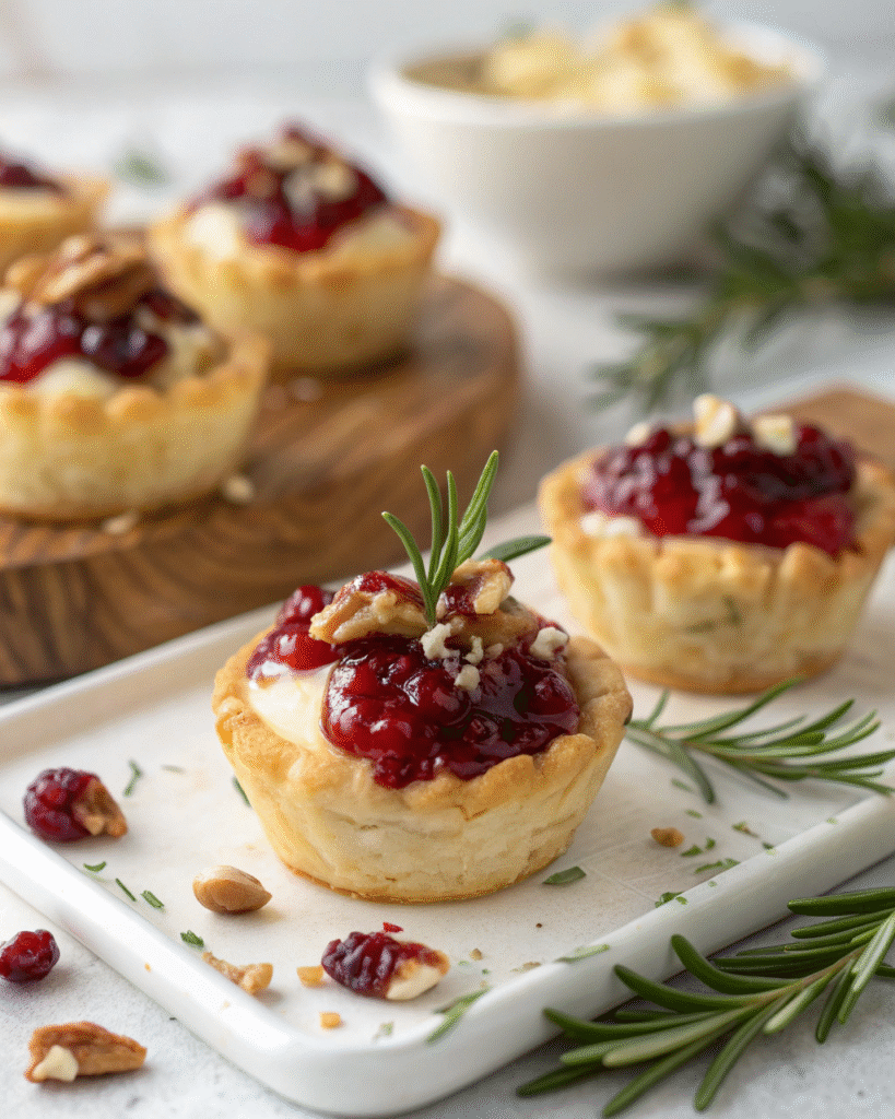Thanksgiving Appetizers & Finger Foods | Easy Holiday Party Ideas 2 Golden puff pastry cups filled with melted brie, topped with cranberry sauce, pecans, and rosemary garnish.