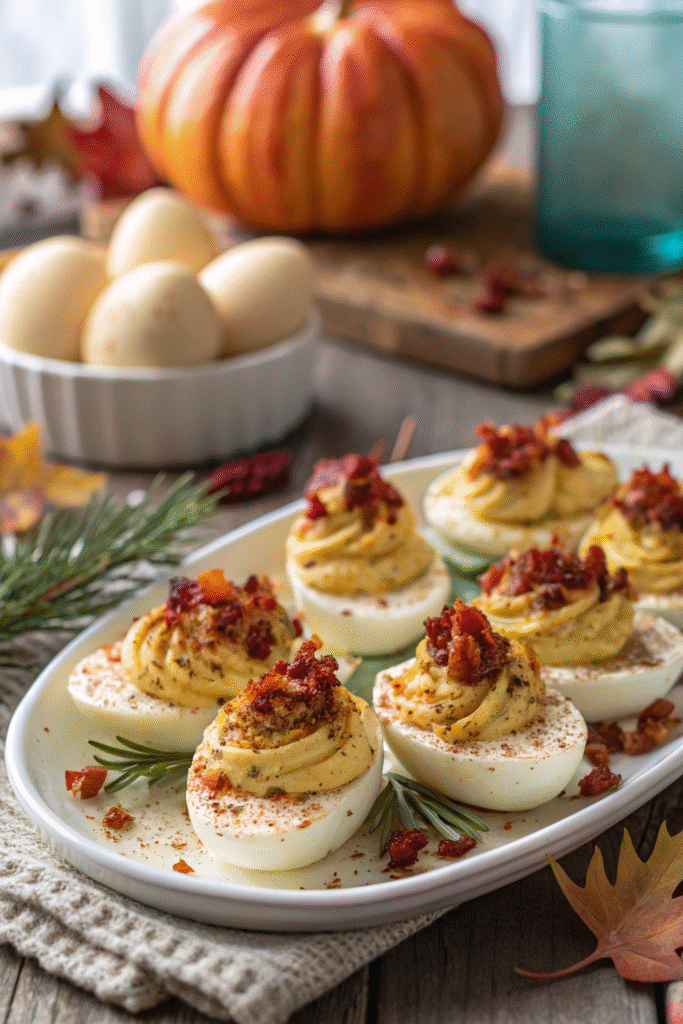 14 Make-Ahead Thanksgiving Appetizers to Save You Time 3 Close-up of deviled eggs topped with crispy bacon and paprika on a rustic Thanksgiving platter