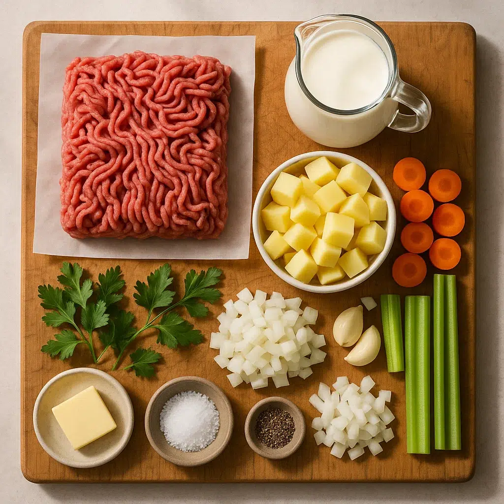 Hamburger Potato Soup"10-Minute Comfort Dinner" 4 Ingredients for hamburger potato soup including ground beef, potatoes, carrots, celery, onion, garlic, broth, milk, butter, and flour