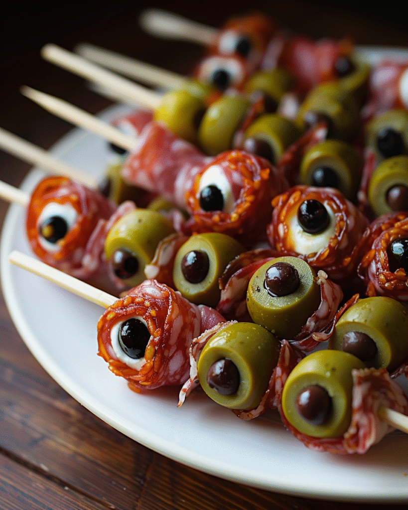 Halloween Salami & Olive Eyeball Skewers 3 Skewers with mozzarella balls, salami slices, and green olives with black pupils, styled as spooky Halloween eyeballs