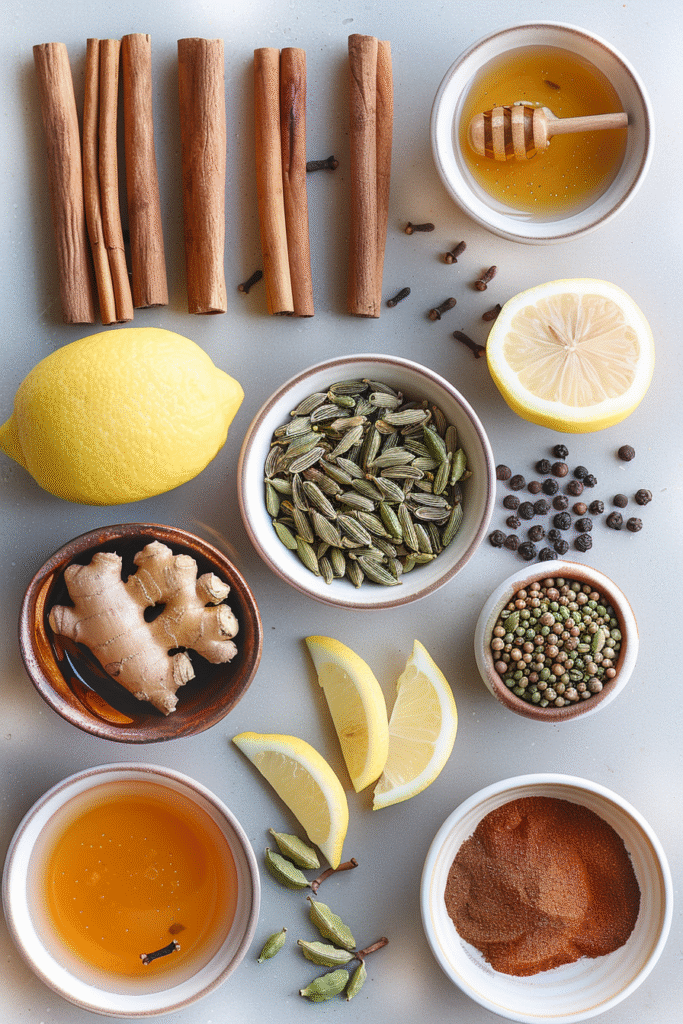 Spiced Herbal Tea: The Ultimate Comfort Drink for Every Season 2 flatlay of herbal tea ingredients with lemon, ginger, cinnamon, honey, and spices on light background