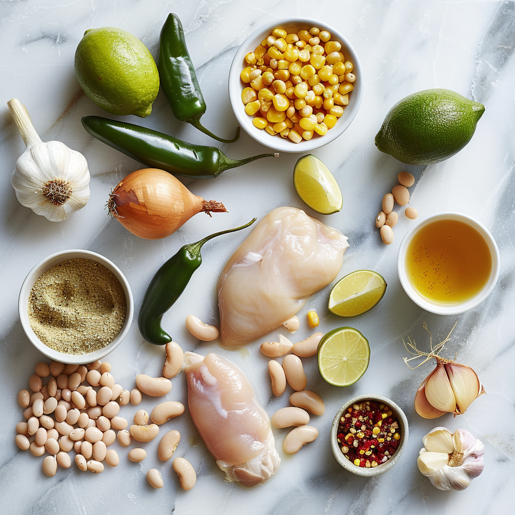 Healthy Chicken Chili : Easy, Cozy & Protein-Packed 2 Flat lay of healthy chicken chili ingredients: chicken breasts, white beans, corn, jalapeños, onion, garlic, limes, broth, spices