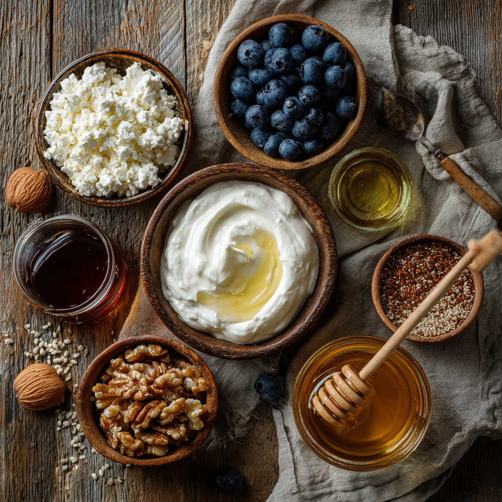 5-minute Greek yogurt bowls (quick, easy & gorgeous) 2 Overhead flat lay of 5-munite Greek yogurt bowl ingredients-yogurt, blueberries, granola, nuts, oats, and honey on a rustic brown surface.