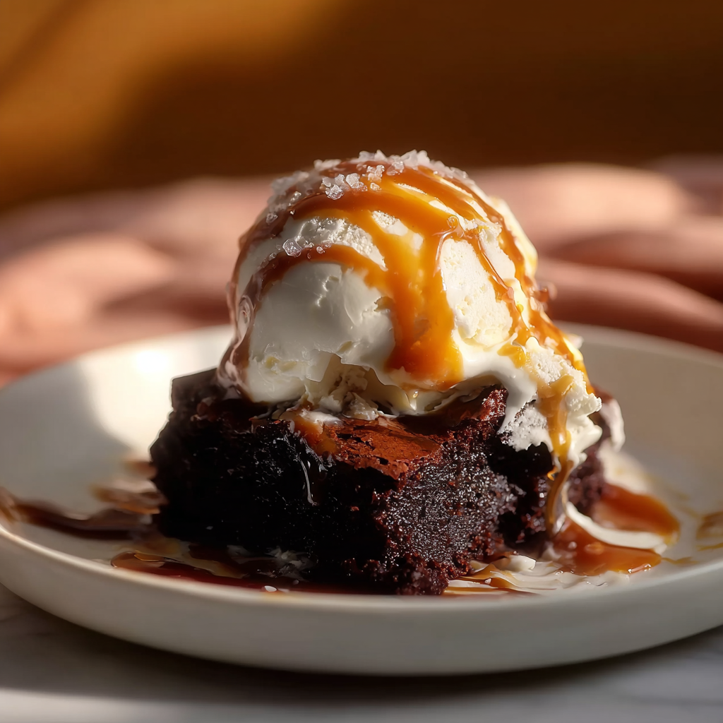 Brown Butter Pumpkin Brownie Skillet (Fudgy, Cozy & Easy) 3 Fudgy brown butter pumpkin brownie topped with vanilla ice cream, salted caramel drizzle, and flaky sea salt on a white plate, warm background.
