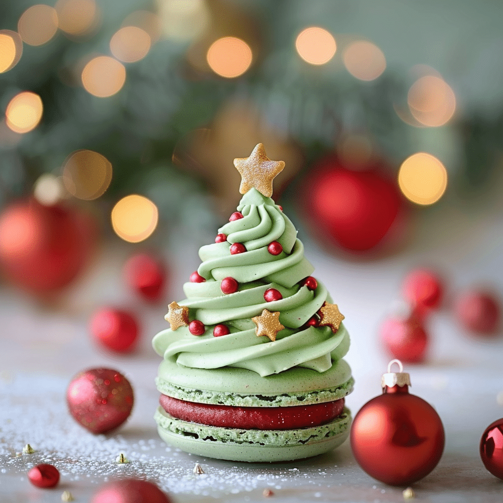 Christmas Tree Cake Macarons (Festive, Fun & Absolutely Adorable!) 2 Christmas Tree Cake Macarons decorated with green shells, sprinkles, and creamy Christmas tree cake filling on a holiday dessert tray.