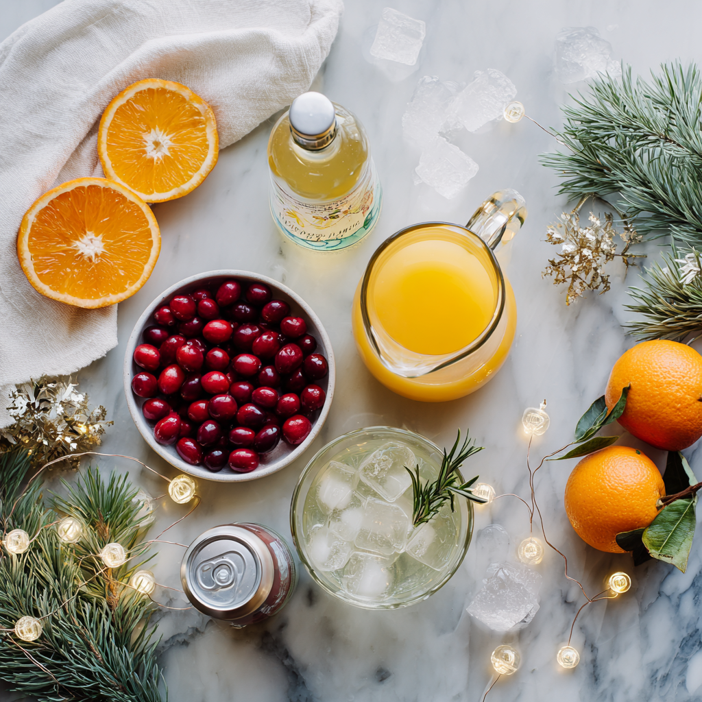 Christmas Morning Punch, A Festive Sip of Joy 2 Flat lay of Christmas Morning Punch ingredients including orange juice, cranberry juice, pineapple juice, sparkling water, fresh cranberries, orange slices, rosemary sprigs, and ice cubes on a marble surface with festive decor.