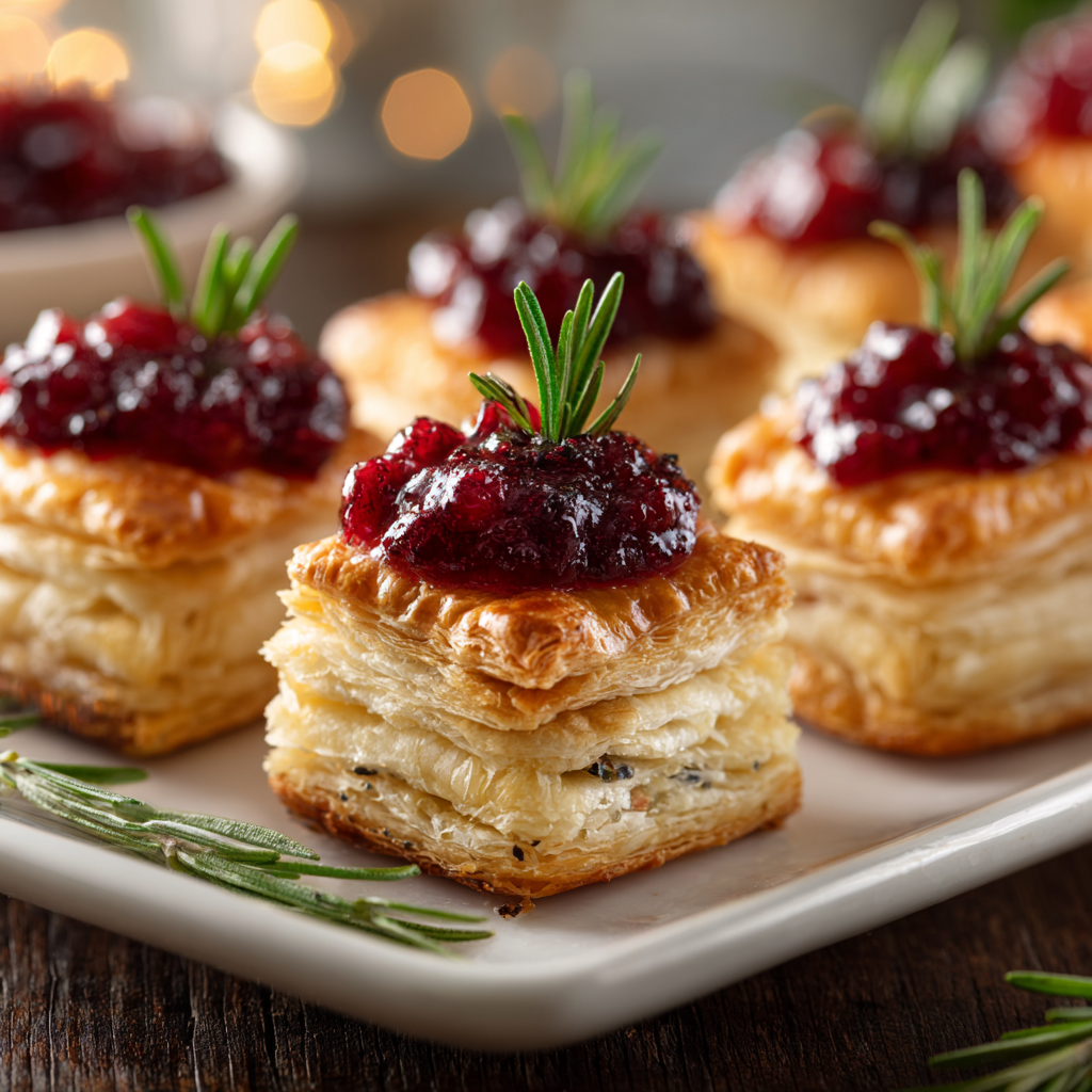 Baked Cranberry Brie Bites (Easy Holiday Appetizer Recipe!) 4 Baked cranberry brie bites served on a platter with fresh rosemary and cranberries