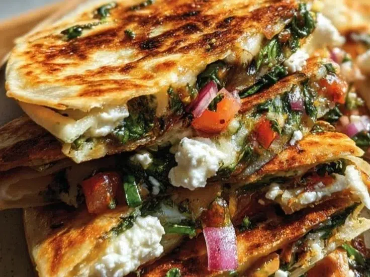 Mediterranean Quesadillas with Spinach, Feta, Mozzarella, and Red Onion 5 Mediterranean Quesadillas with Spinach, Feta, Mozzarella, and Red Onion