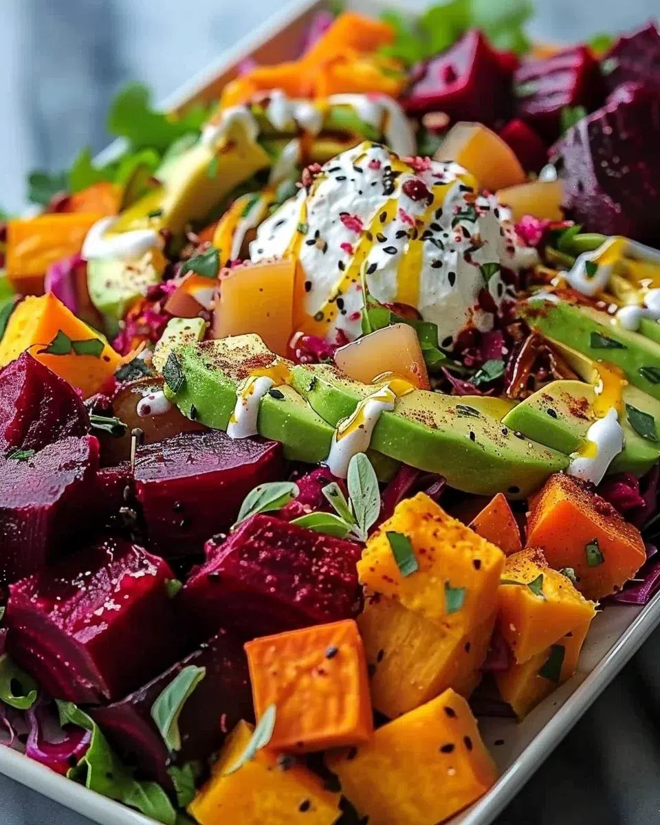 Roasted Beet, Sweet Potato & Avocado Salad with Whipped Ricotta & Lemon-Tahini Drizzle 6 Roasted Beet, Sweet Potato & Avocado Salad with Whipped Ricotta & Lemon-Tahini Drizzle